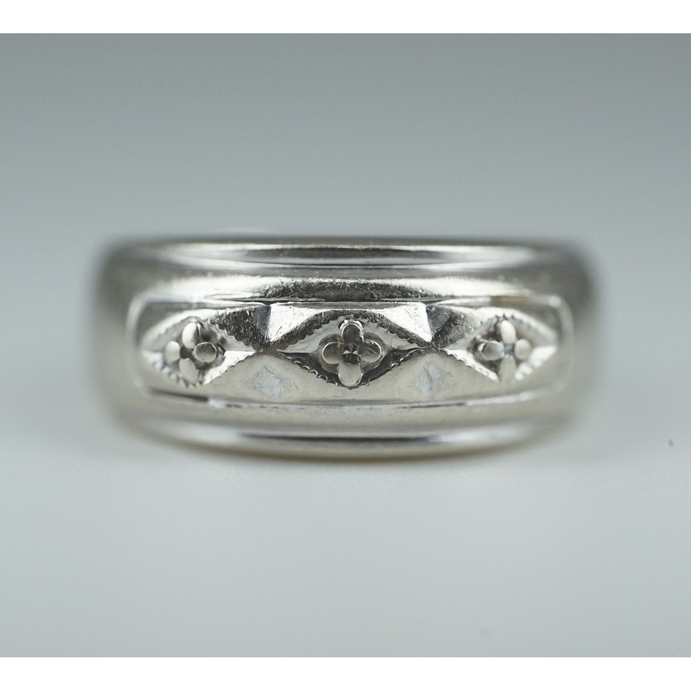 Antique 14k Solid White Gold Engraved‎ Natural Diamond Ring - Flower Size 3.25